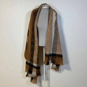 Zara Brown Black Beige Striped Shawl Blanket Women’s Medium Fringe Neutrals